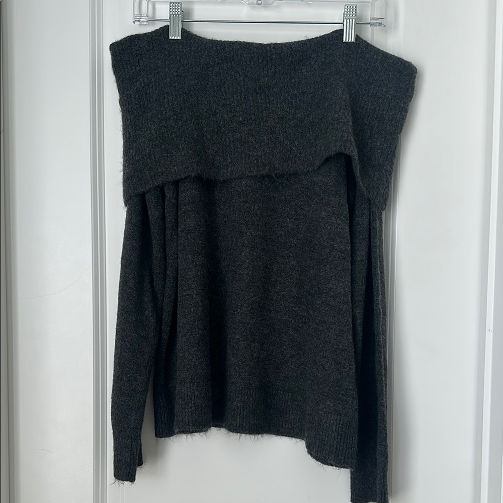 LOFT Dark Grey Off-the-Shoulder Sweater with Fold-Over Detail. New with tag